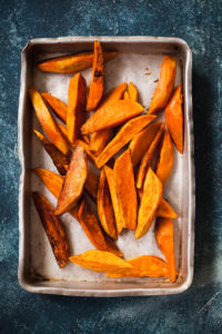 Sweet potato fries in a pan 