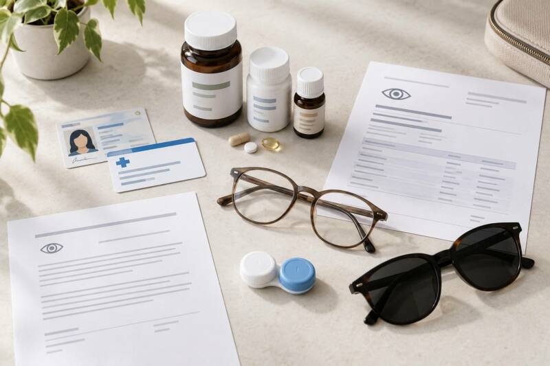 Items to bring to an eye doctor appointment, including photo ID, insurance card, medications, eyeglasses, contact lenses, and sunglasses